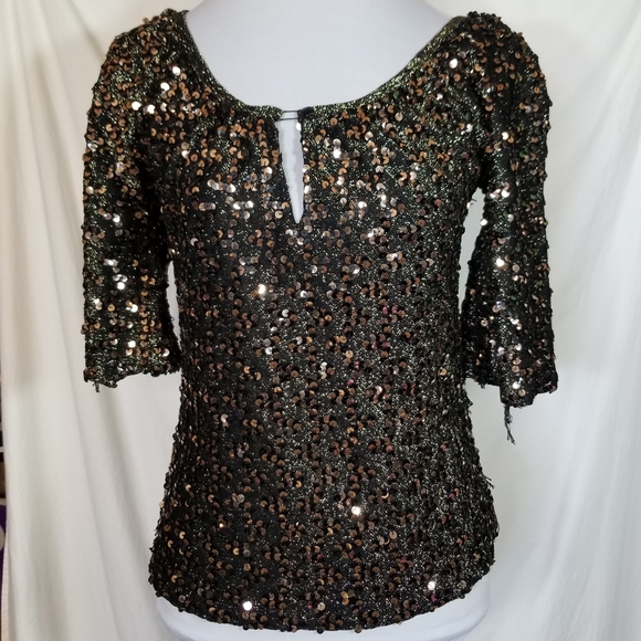 Imagnin Black Gold Sequin Covered Top Metallic Thread Short Half Sleeve Vintage - Picture 7 of 14